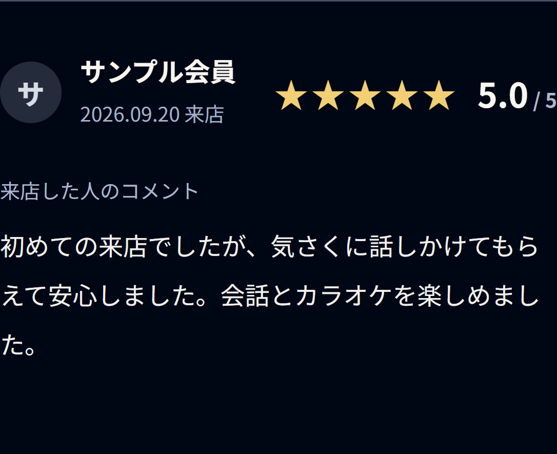 ニックネーム・来店日・評価・感想が表示される、実際のスナ活